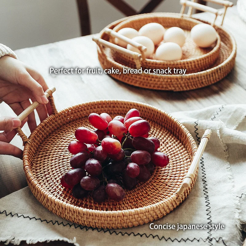 Rustic Round Rattan Storage Tray - Image 7